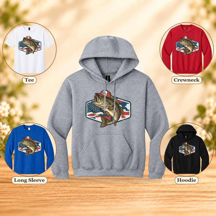 Patriotic Bass | American Fishing T-Shirt, Long Sleeve, Crewneck & Hoodie