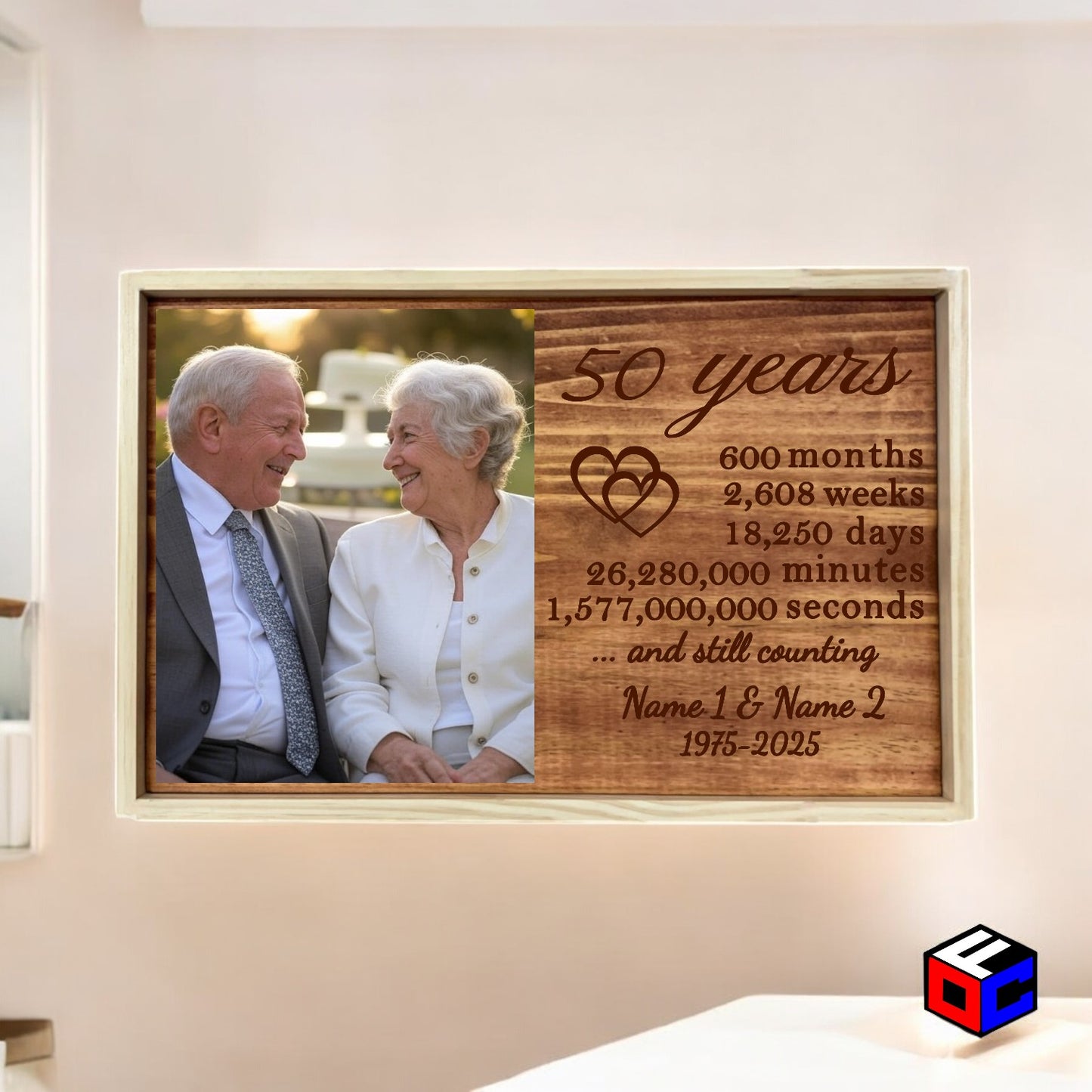 Personalized Vertical Small Metal Photo in Magnetic Shadowbox Frame with Custom 50 Year Anniversary Engraving - Personalized Gift - Wall Art