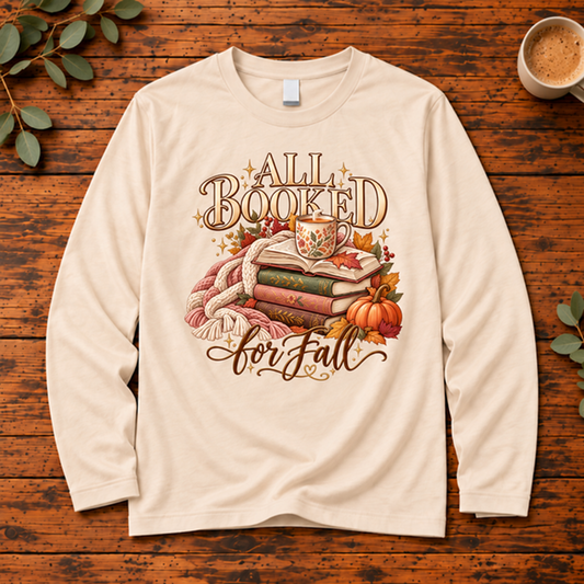 All Booked for Fall design centered on a cream long-sleeve shirt.