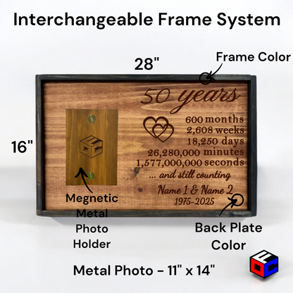 Personalized Vertical Large Metal Photo in Magnetic Shadowbox Frame with Custom 50 Year Anniversary Engraving - Personalized Gift - Wall Art