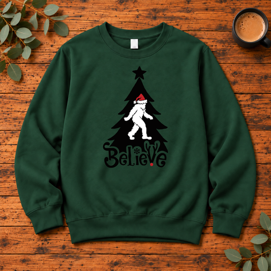 Believe Bigfoot Christmas design on a single garment