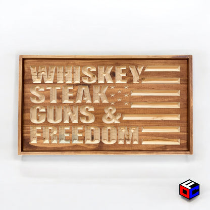 Whiskey Steak Guns & Freedom - Natural Engraved Sign