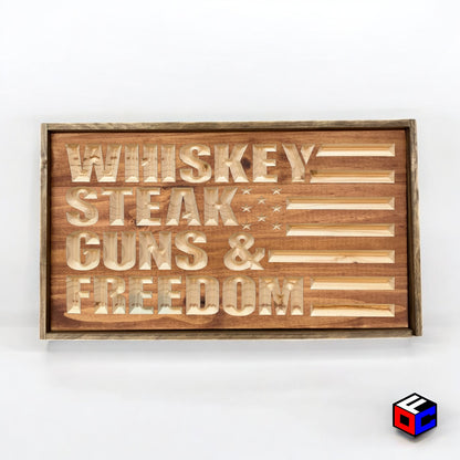 Whiskey Steak Guns & Freedom - Natural Engraved Sign