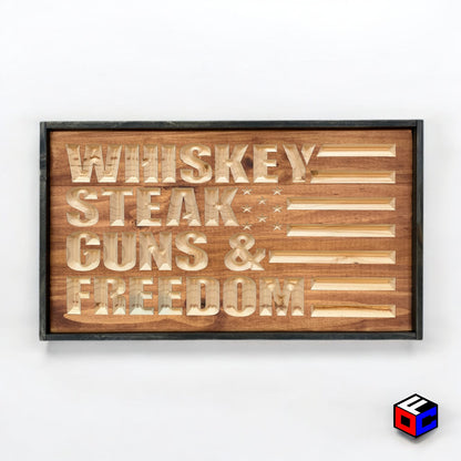 Whiskey Steak Guns & Freedom - Natural Engraved Sign