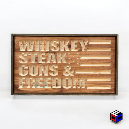 Whiskey Steak Guns & Freedom - Natural Engraved Sign