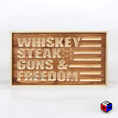 Whiskey Steak Guns & Freedom - Natural Engraved Sign