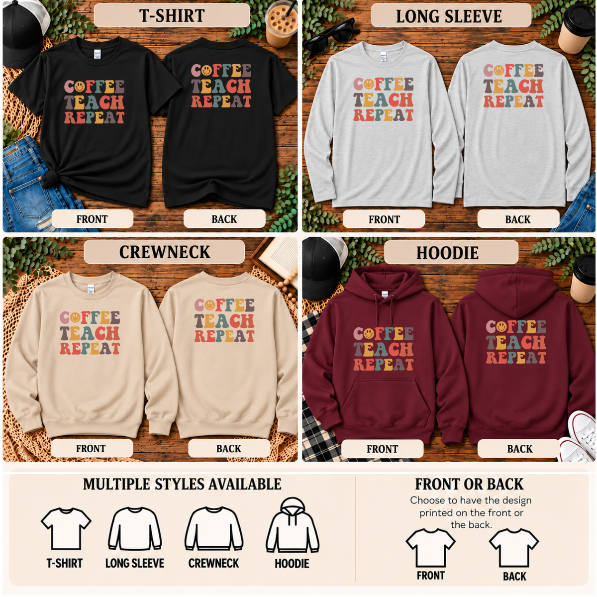 Coffee Teach Repeat | Retro Teacher T-Shirt, Long Sleeve, Crewneck & Hoodie