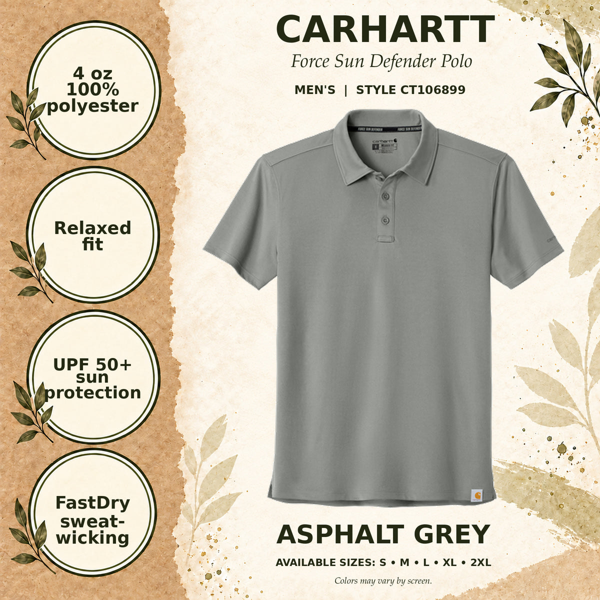 Carhartt Force Sun Defender Men's Polo — Asphalt Grey, fabric and garment details
