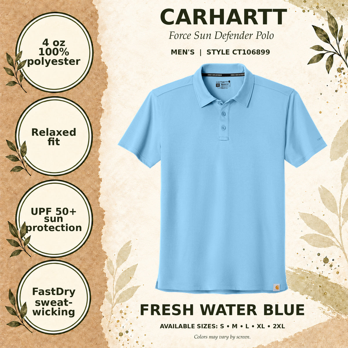 Carhartt Force Sun Defender Men's Polo — Fresh Water Blue, fabric and garment details