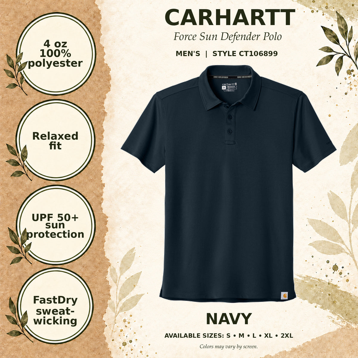 Carhartt Force Sun Defender Men's Polo — Navy, fabric and garment details