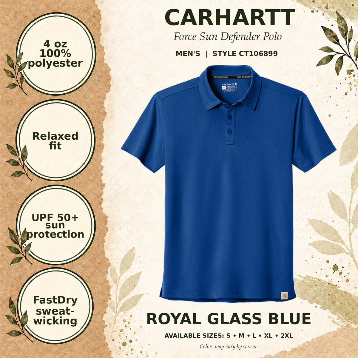 Carhartt Force Sun Defender Men's Polo — Royal Glass Blue, fabric and garment details