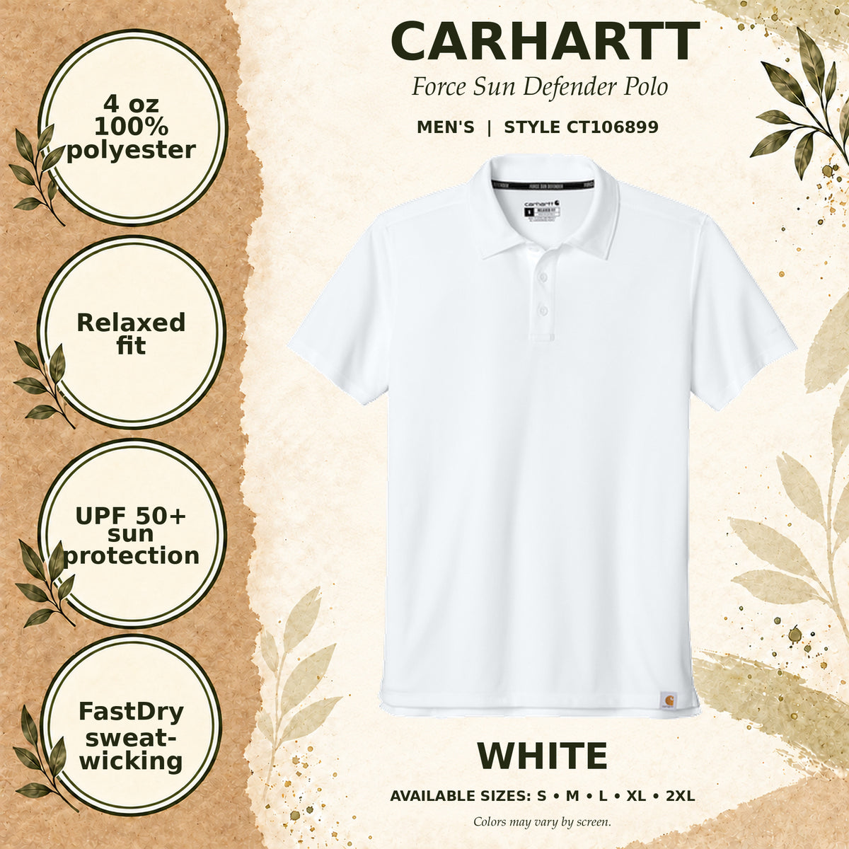 Carhartt Force Sun Defender Men's Polo — White, fabric and garment details