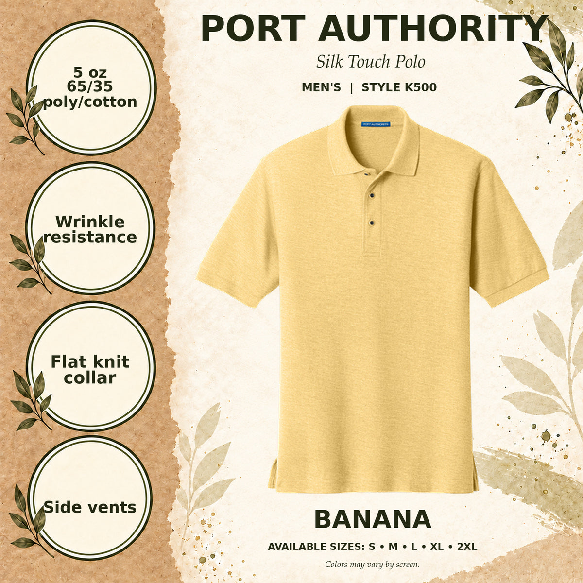 Port Authority Silk Touch Men's Polo — Banana, fabric and garment details