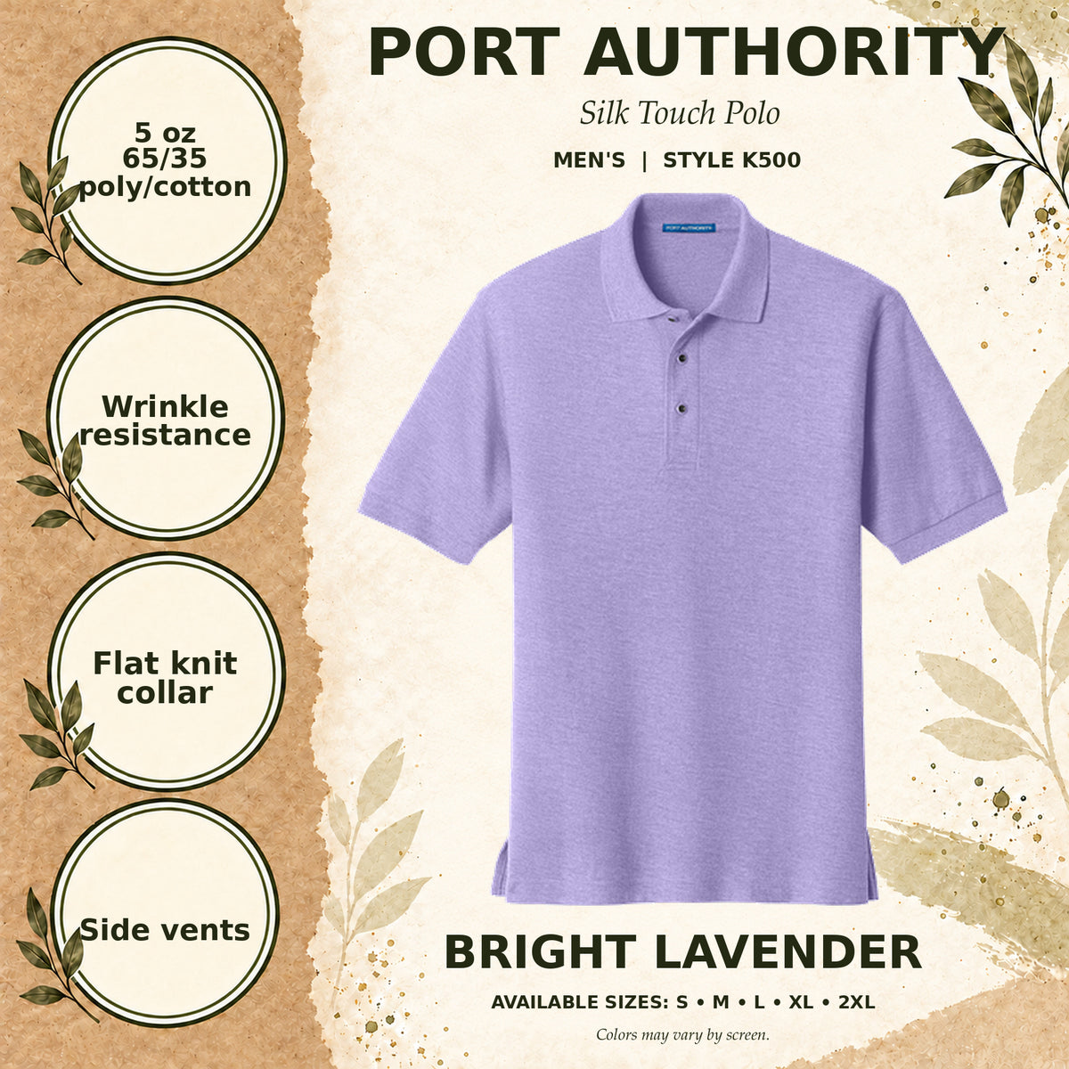 Port Authority Silk Touch Men's Polo — Bright Lavender, fabric and garment details