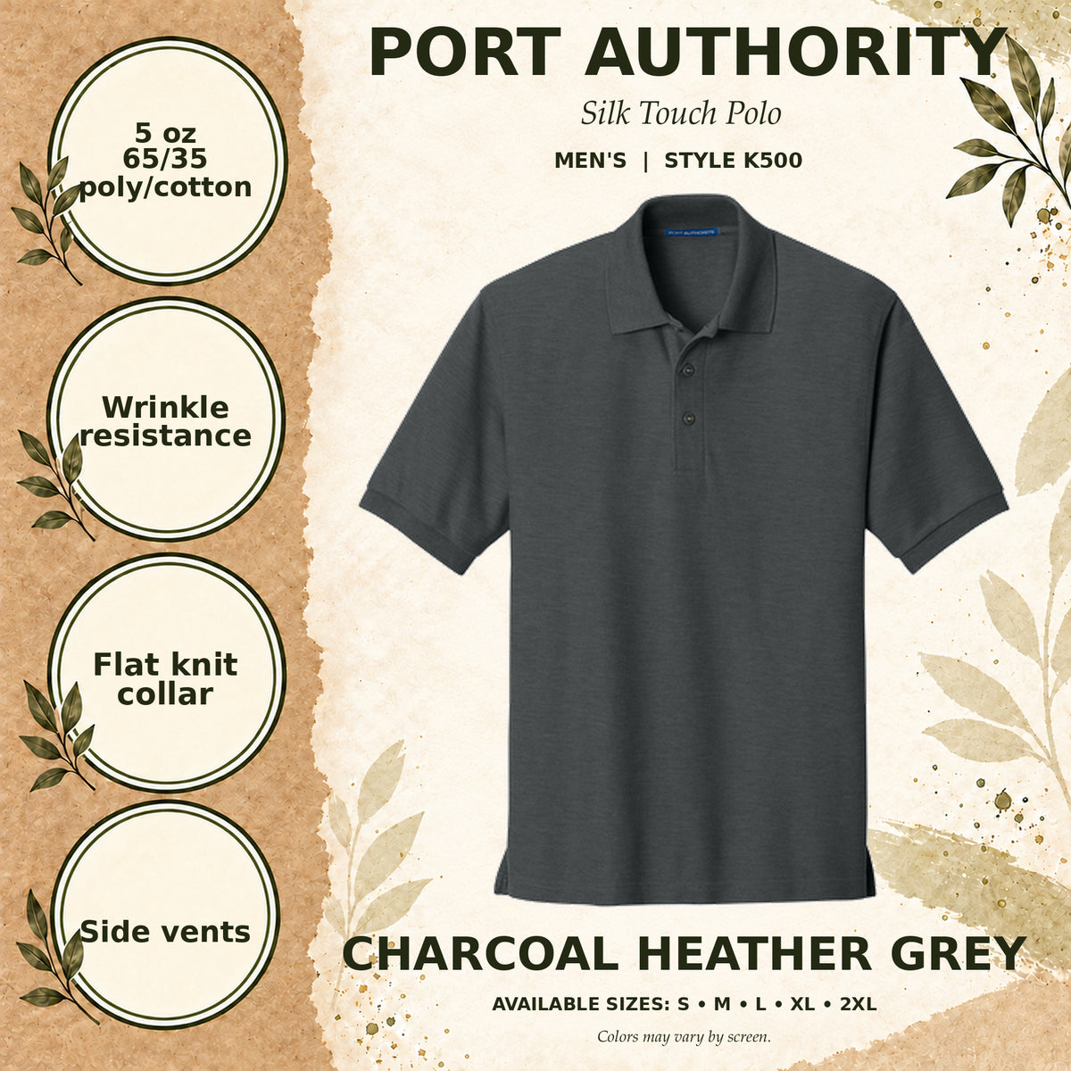 Port Authority Silk Touch Men's Polo — Charcoal Heather Grey, fabric and garment details