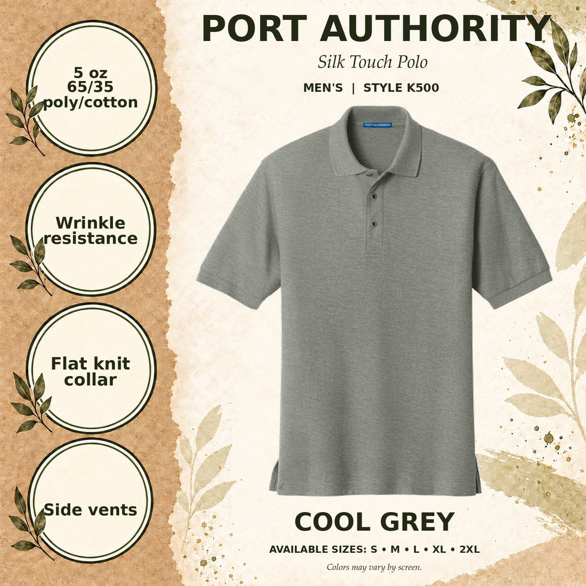 Port Authority Silk Touch Men's Polo — Cool Grey, fabric and garment details