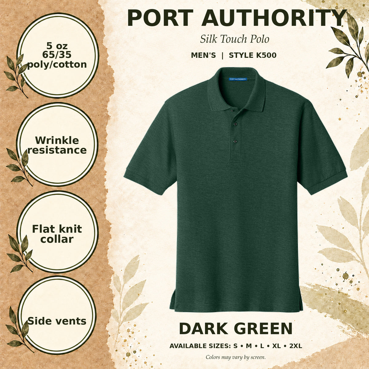 Port Authority Silk Touch Men's Polo — Dark Green, fabric and garment details