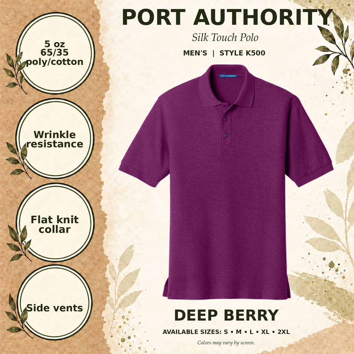 Port Authority Silk Touch Men's Polo — Deep Berry, fabric and garment details