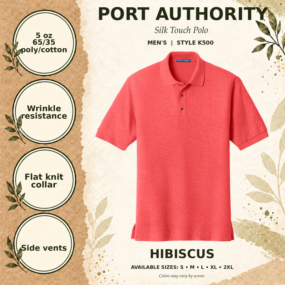 Port Authority Silk Touch Men's Polo — Hibiscus, fabric and garment details
