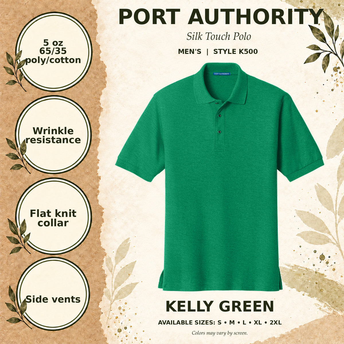 Port Authority Silk Touch Men's Polo — Kelly Green, fabric and garment details