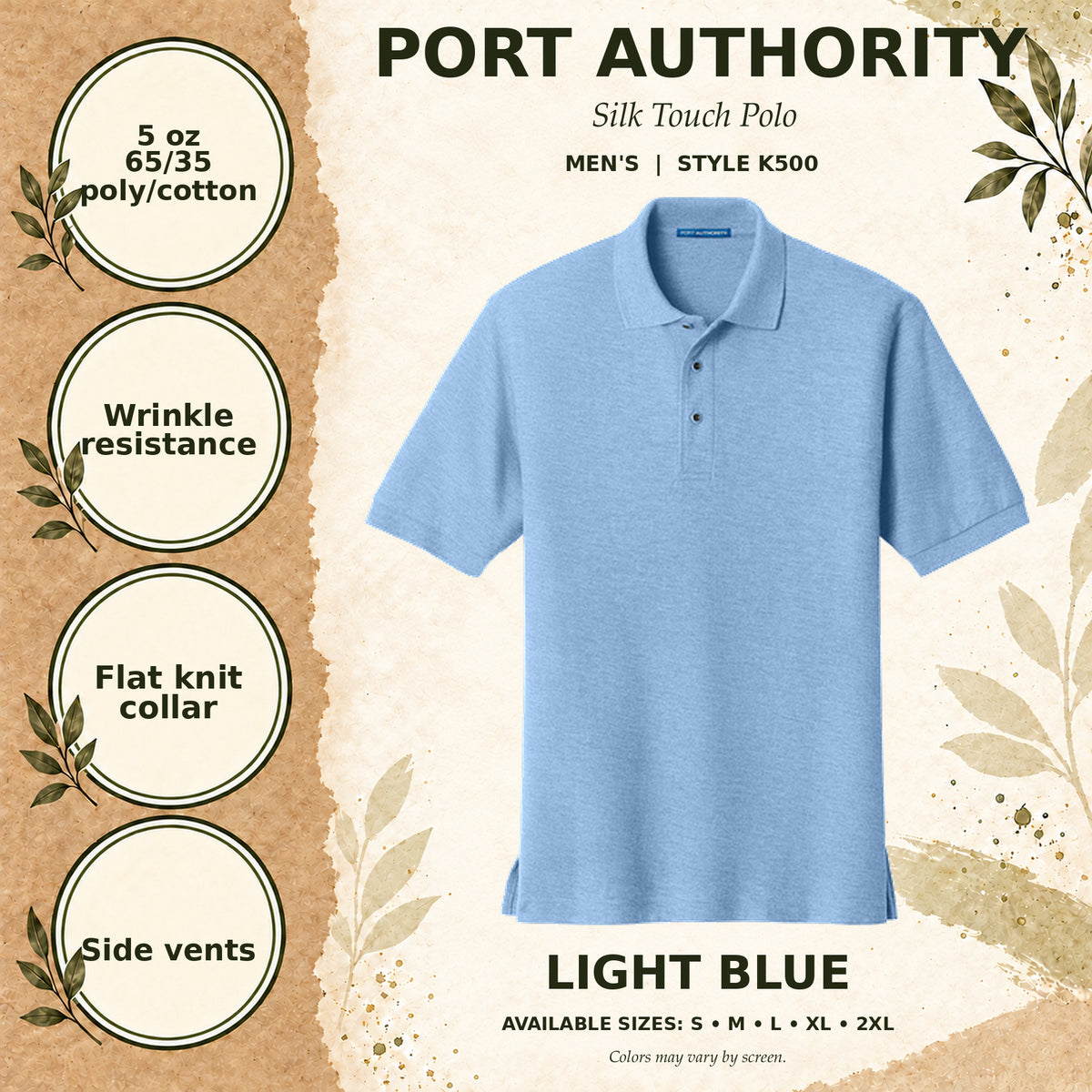 Port Authority Silk Touch Men's Polo — Light Blue, fabric and garment details