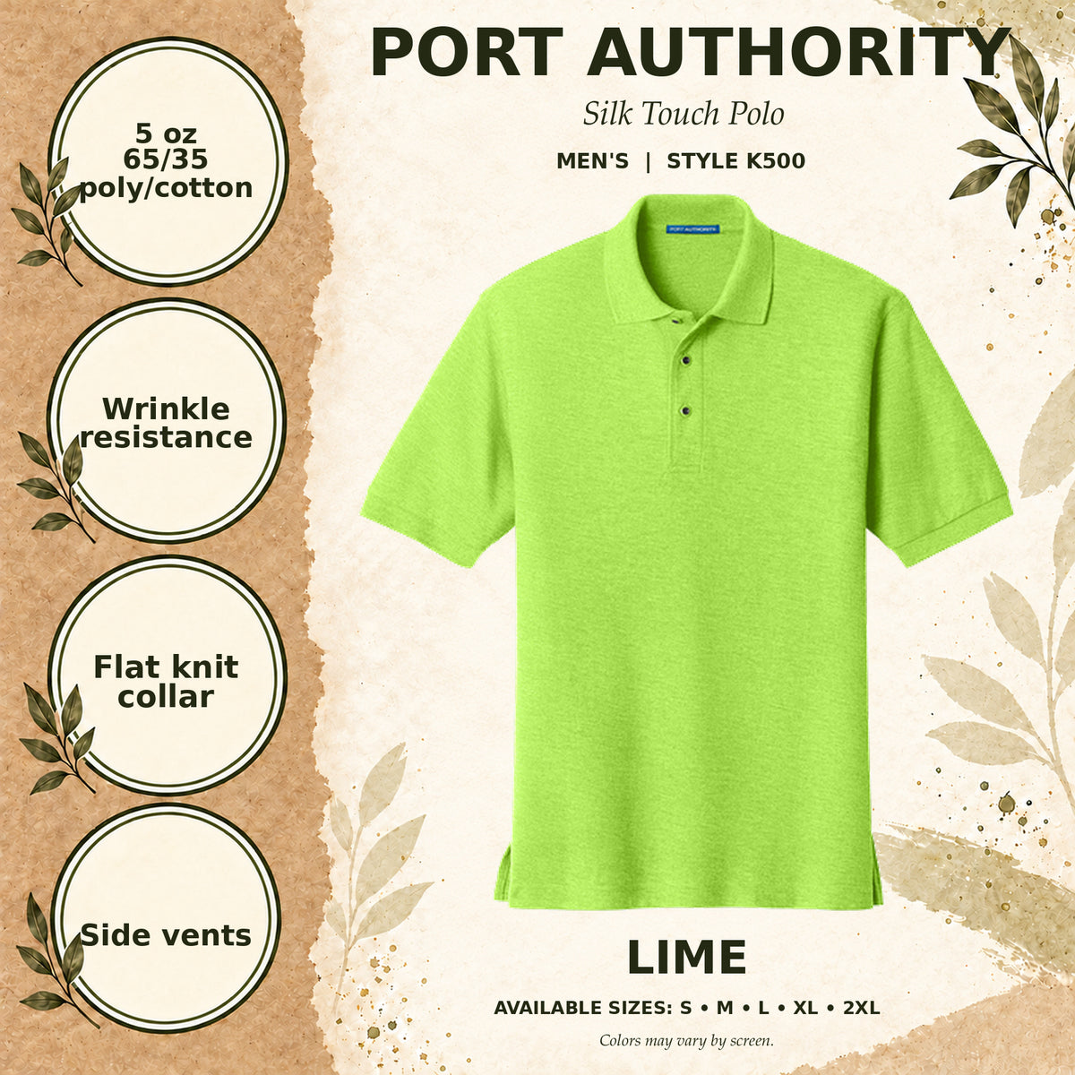 Port Authority Silk Touch Men's Polo — Lime, fabric and garment details