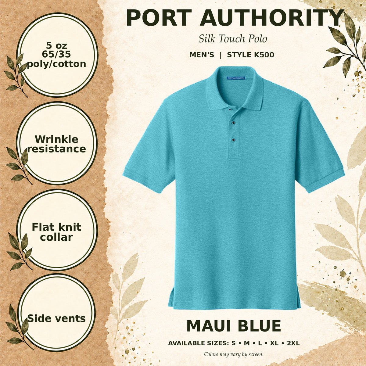 Port Authority Silk Touch Men's Polo — Maui Blue, fabric and garment details