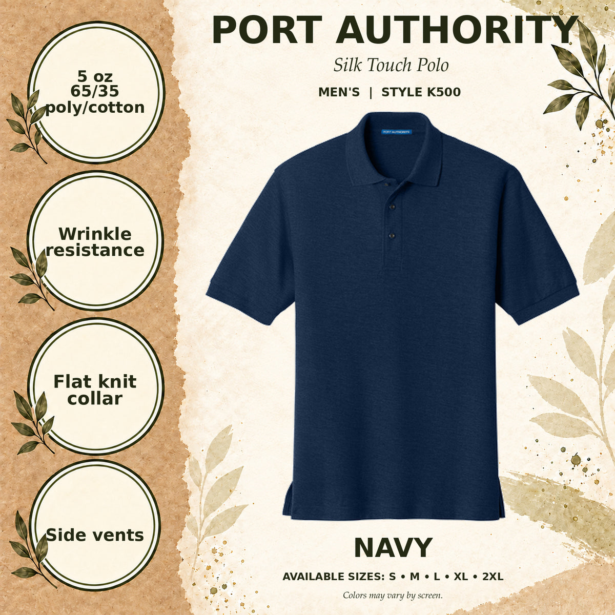 Port Authority Silk Touch Men's Polo — Navy, fabric and garment details