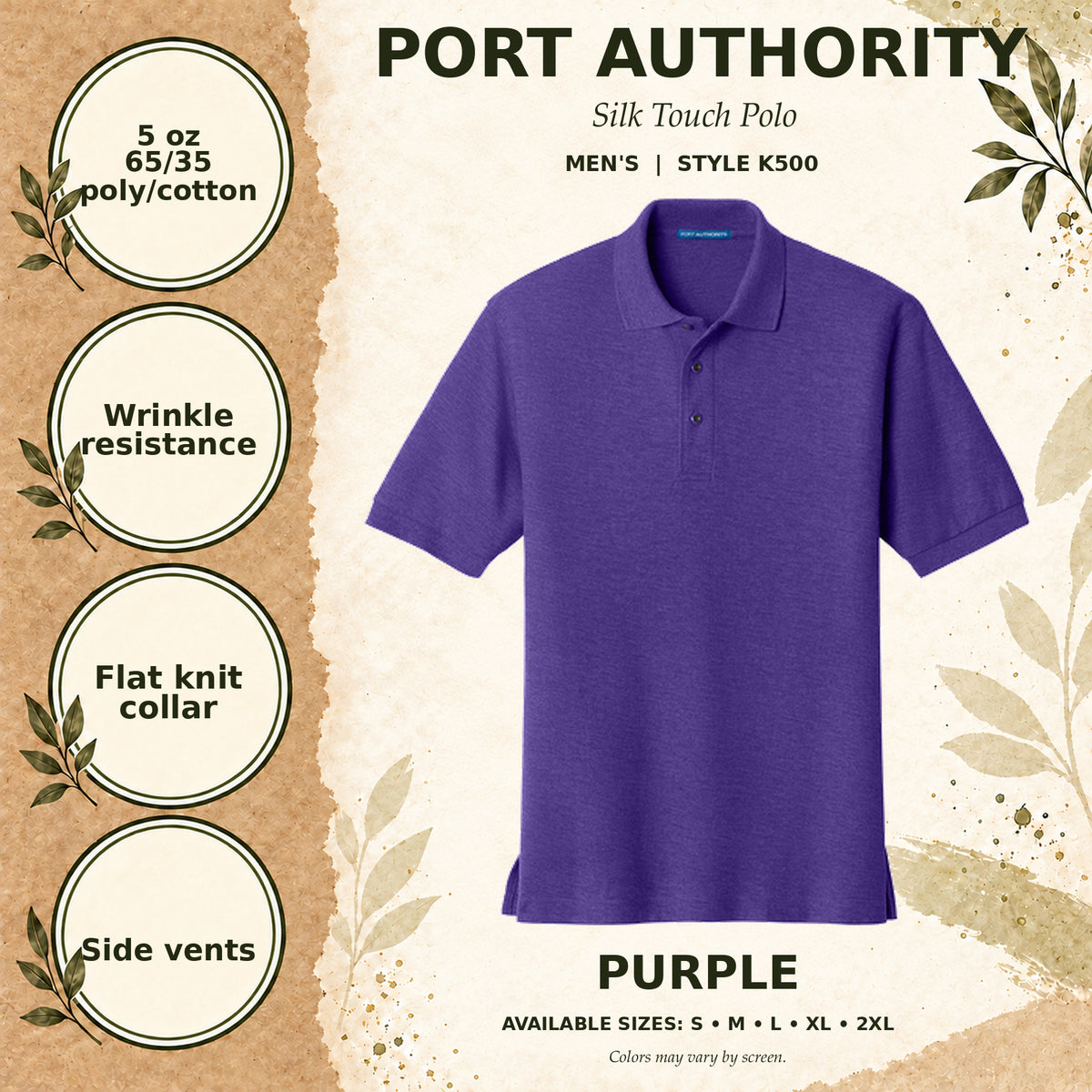 Port Authority Silk Touch Men's Polo — Purple, fabric and garment details