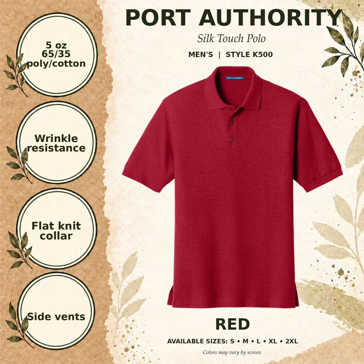 Port Authority Silk Touch Men's Polo — Red, fabric and garment details