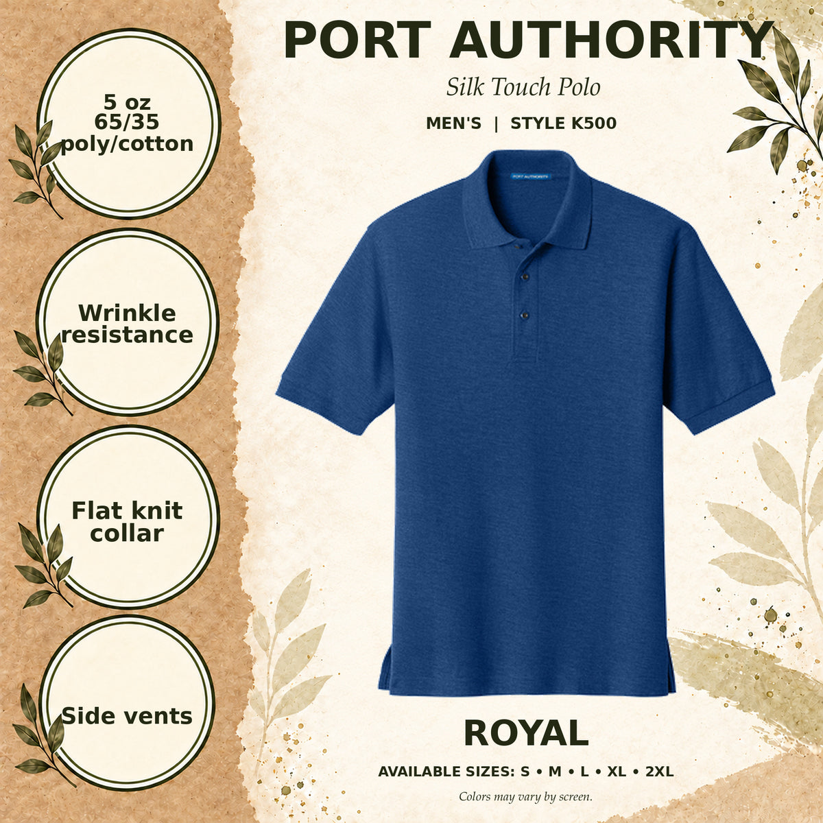 Port Authority Silk Touch Men's Polo — Royal, fabric and garment details