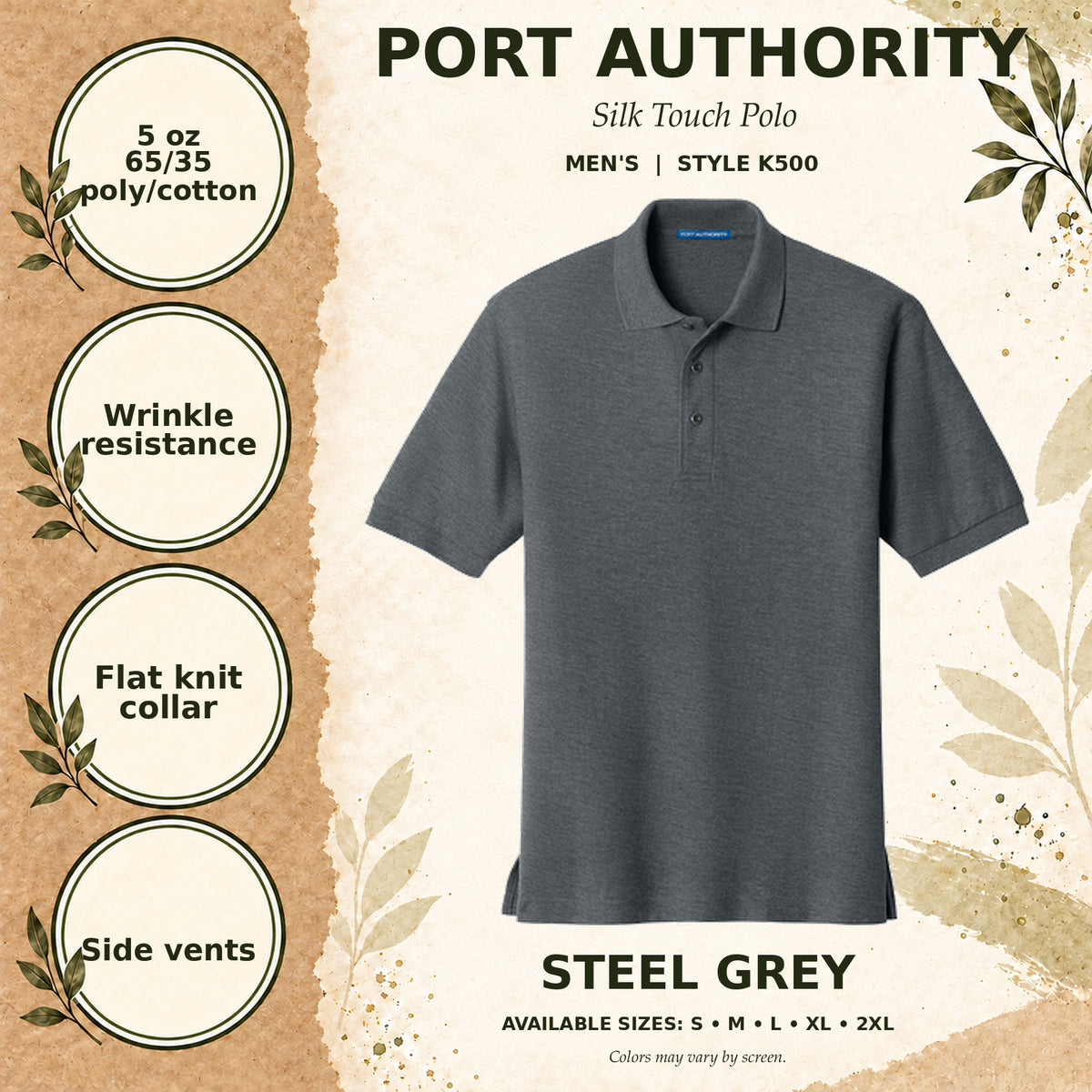 Port Authority Silk Touch Men's Polo — Steel Grey, fabric and garment details