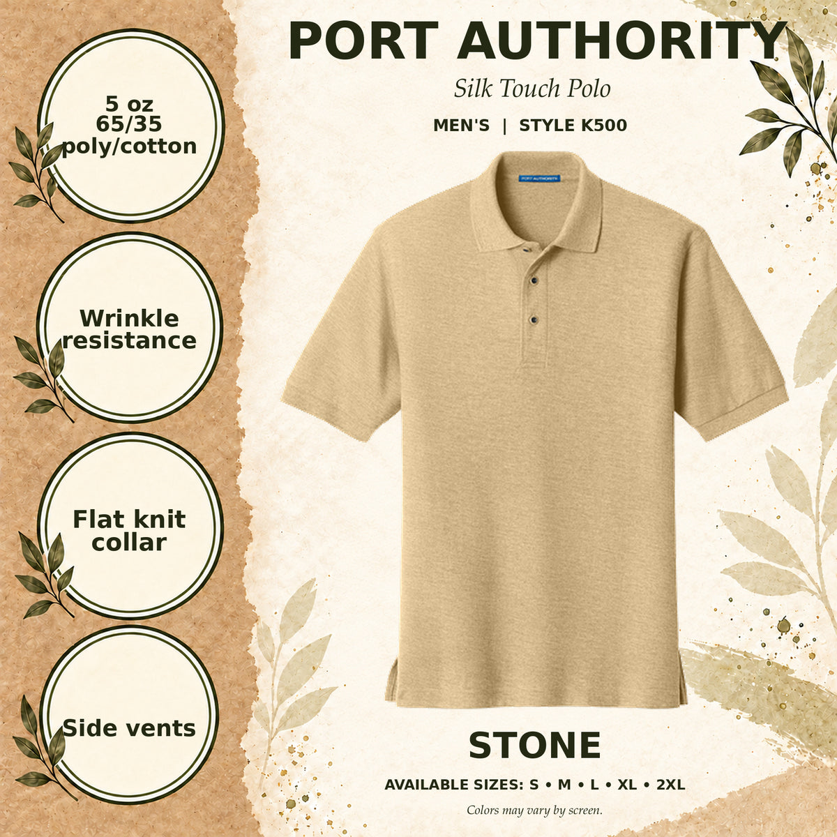 Port Authority Silk Touch Men's Polo — Stone, fabric and garment details