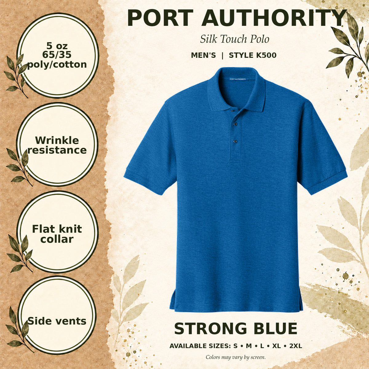 Port Authority Silk Touch Men's Polo — Strong Blue, fabric and garment details