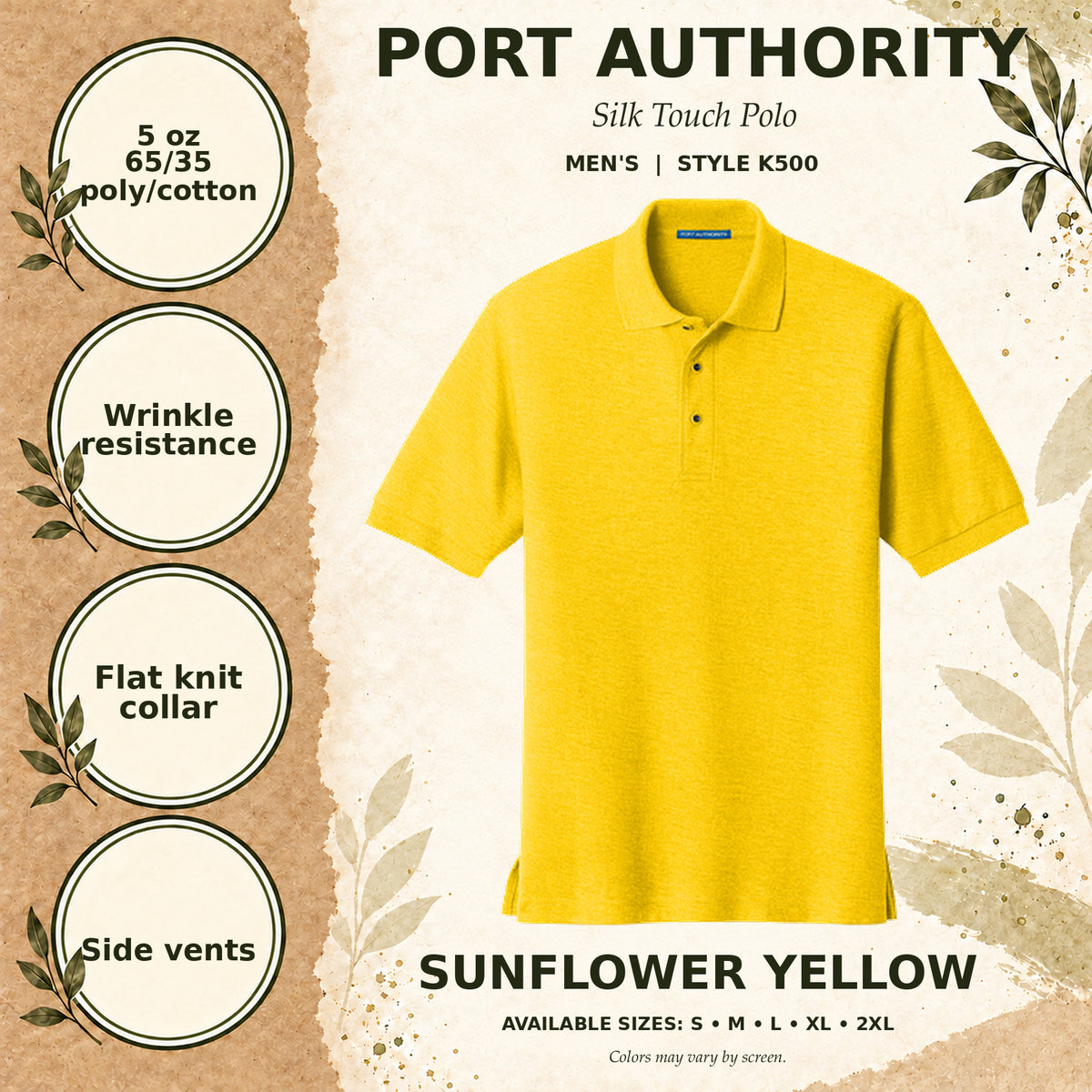 Port Authority Silk Touch Men's Polo — Sunflower Yellow, fabric and garment details