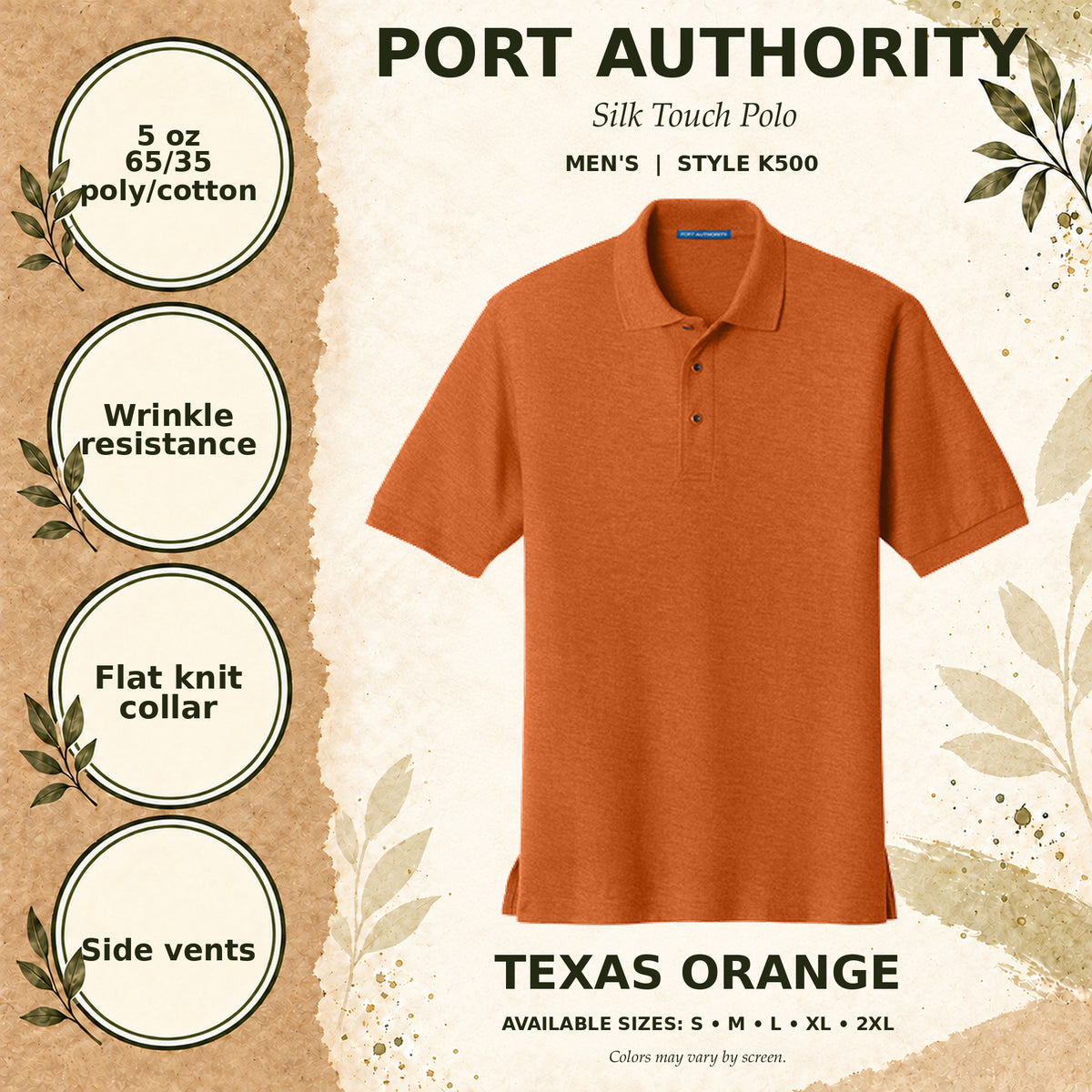 Port Authority Silk Touch Men's Polo — Texas Orange, fabric and garment details
