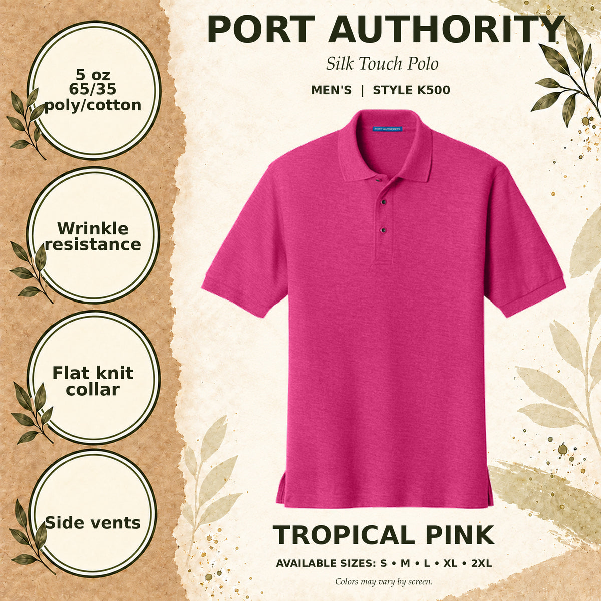 Port Authority Silk Touch Men's Polo — Tropical Pink, fabric and garment details