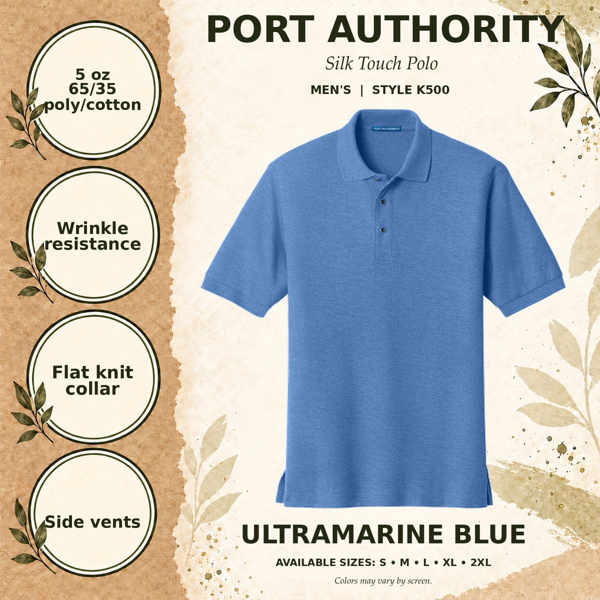 Port Authority Silk Touch Men's Polo — Ultramarine Blue, fabric and garment details