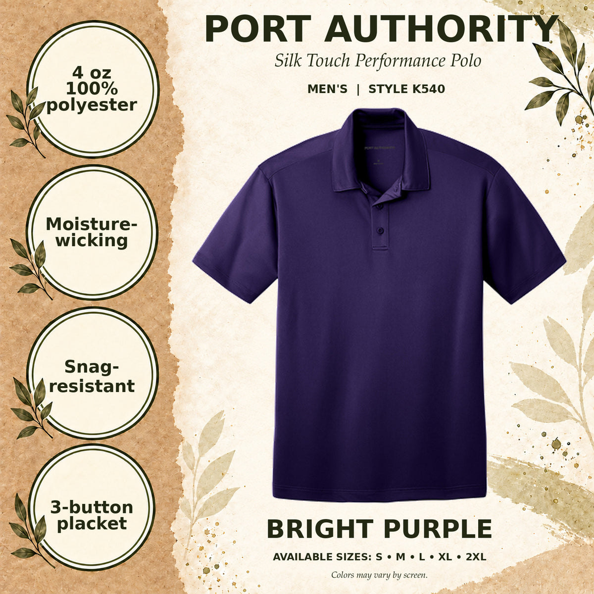 Port Authority Silk Touch Performance Men's Polo — Bright Purple, fabric and garment details