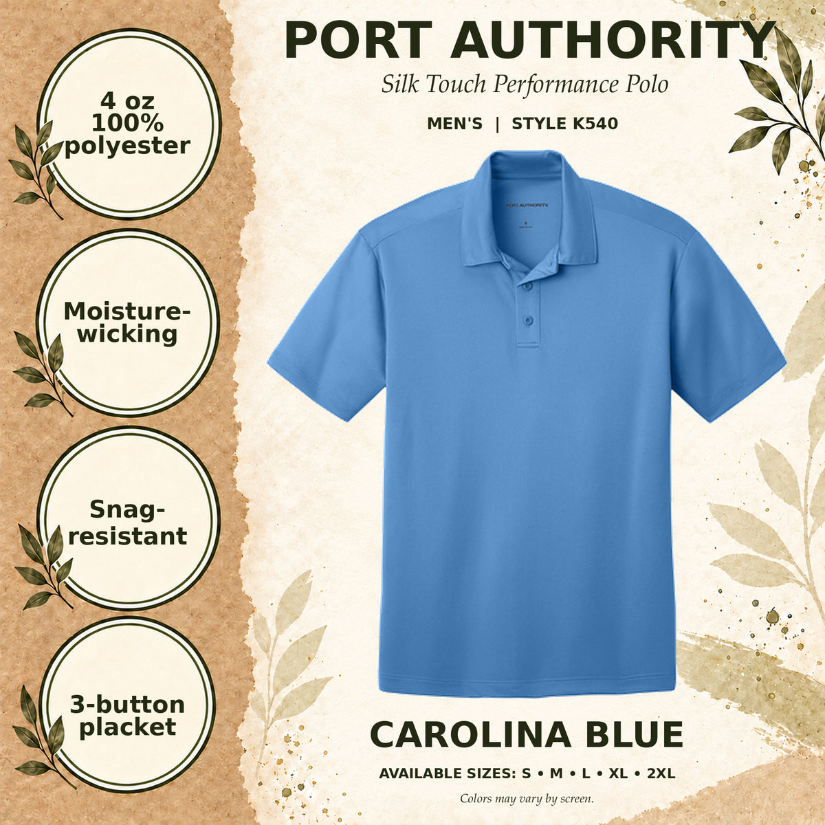 Port Authority Silk Touch Performance Men's Polo — Carolina Blue, fabric and garment details