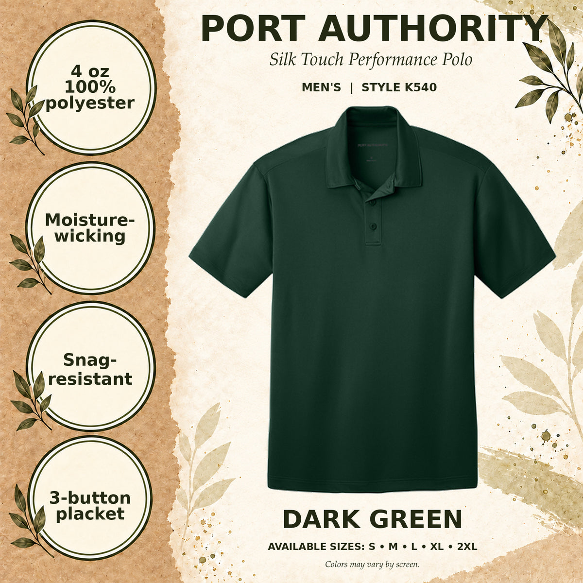 Port Authority Silk Touch Performance Men's Polo — Dark Green, fabric and garment details