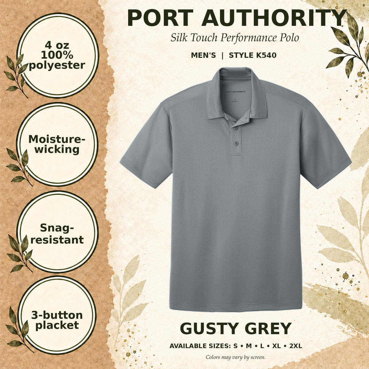 Port Authority Silk Touch Performance Men's Polo — Gusty Grey, fabric and garment details