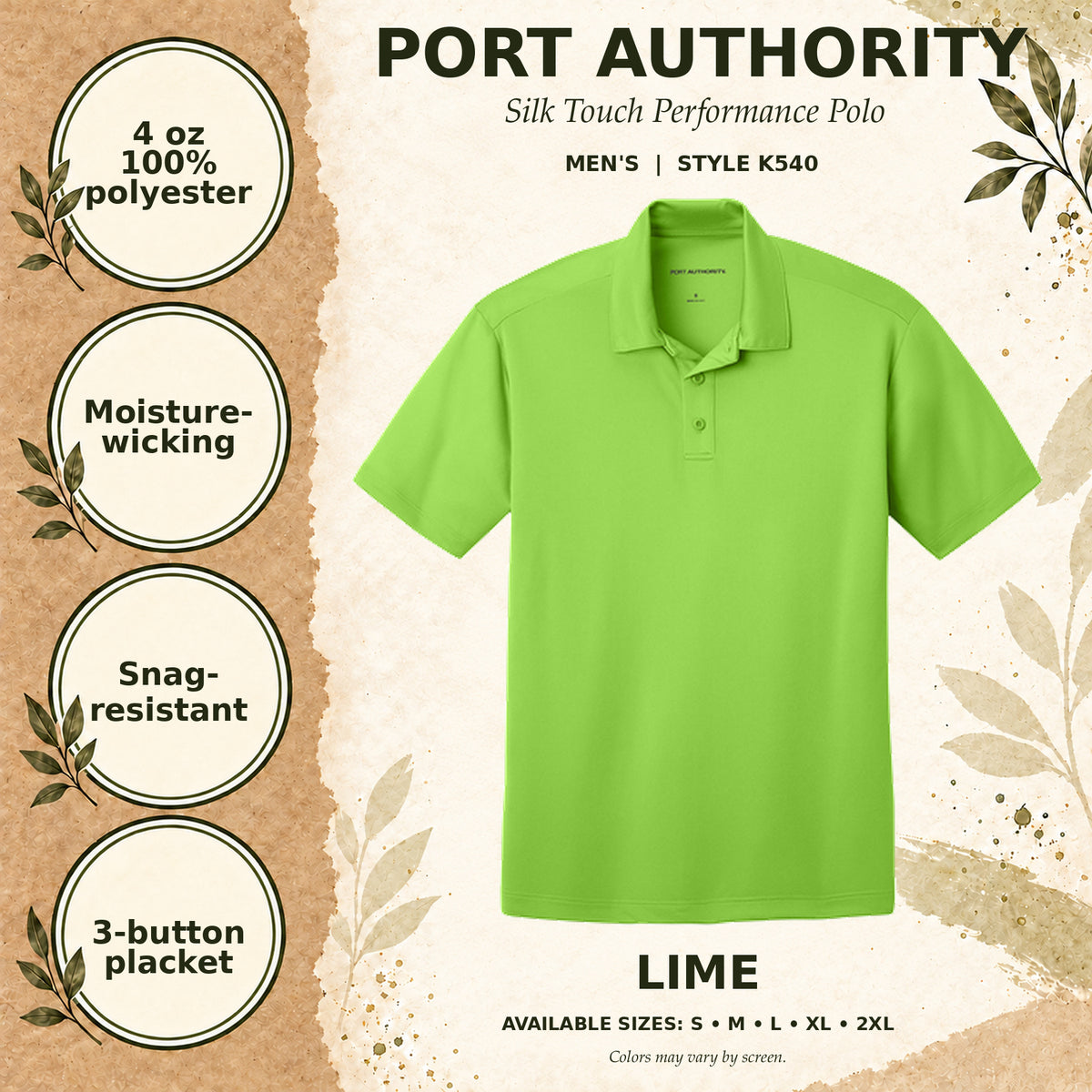 Port Authority Silk Touch Performance Men's Polo — Lime, fabric and garment details