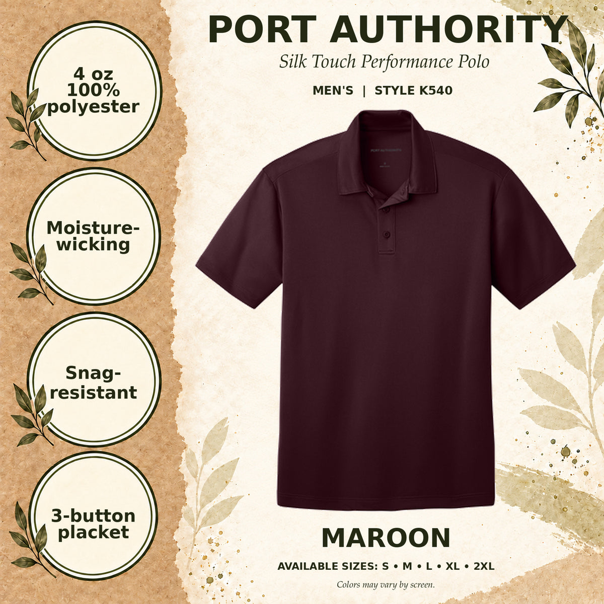 Port Authority Silk Touch Performance Men's Polo — Maroon, fabric and garment details