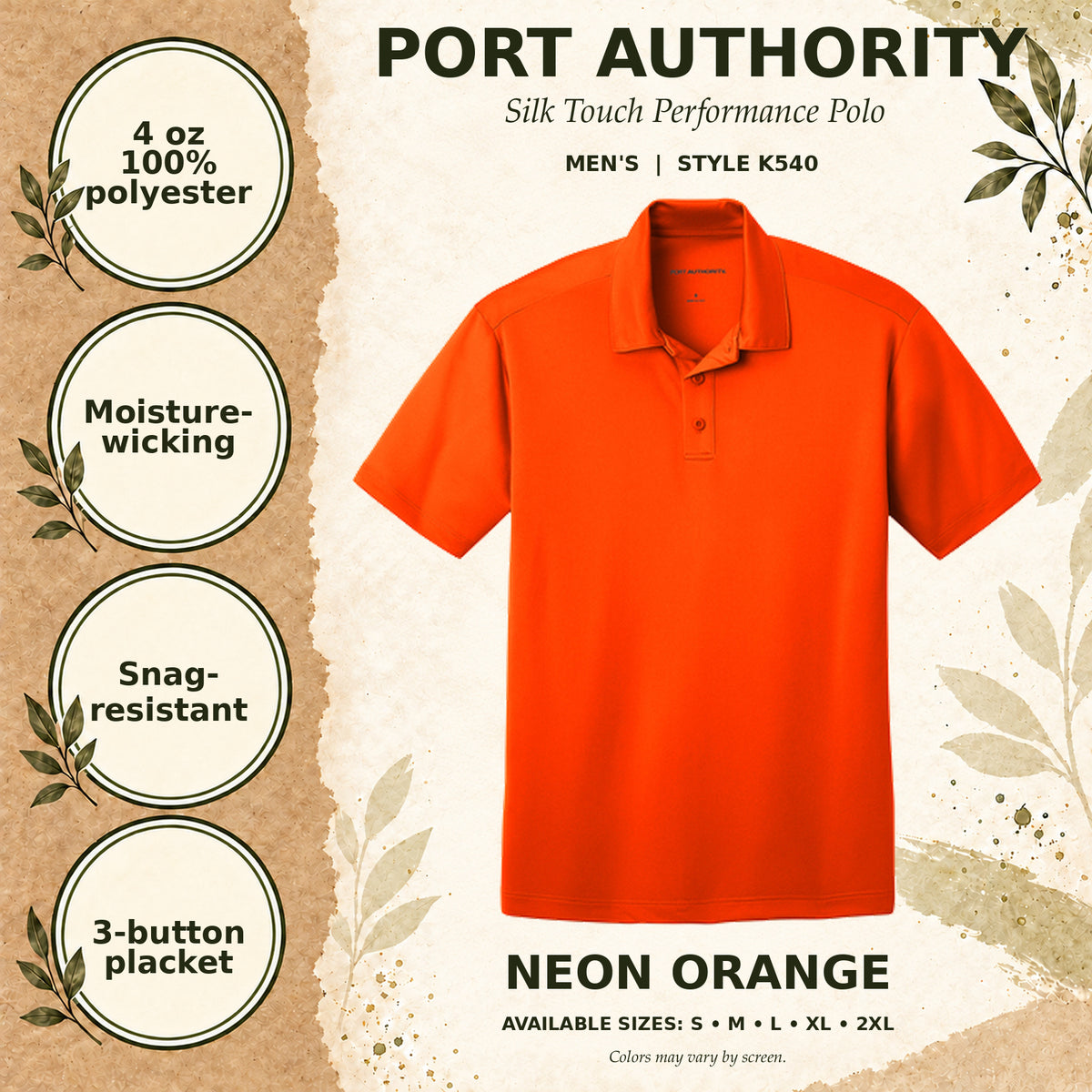 Port Authority Silk Touch Performance Men's Polo — Neon Orange, fabric and garment details