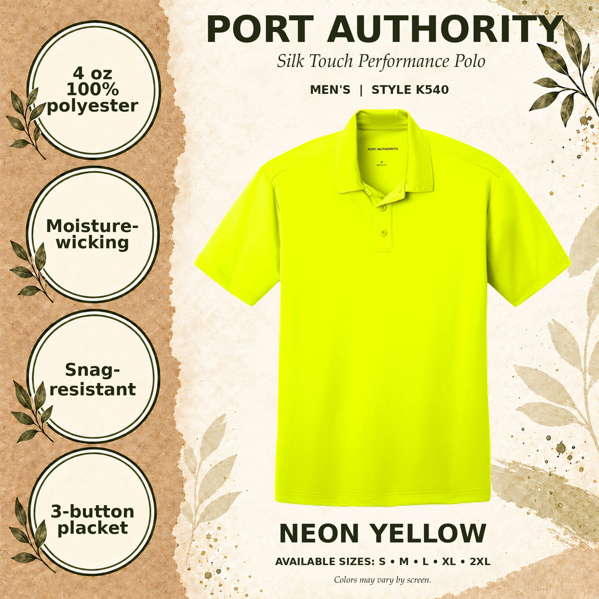 Port Authority Silk Touch Performance Men's Polo — Neon Yellow, fabric and garment details