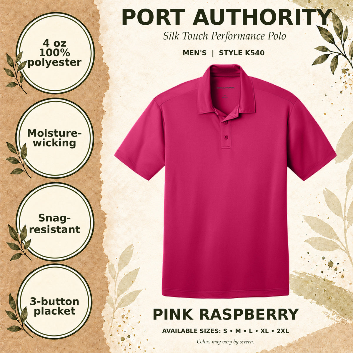 Port Authority Silk Touch Performance Men's Polo — Pink Raspberry, fabric and garment details