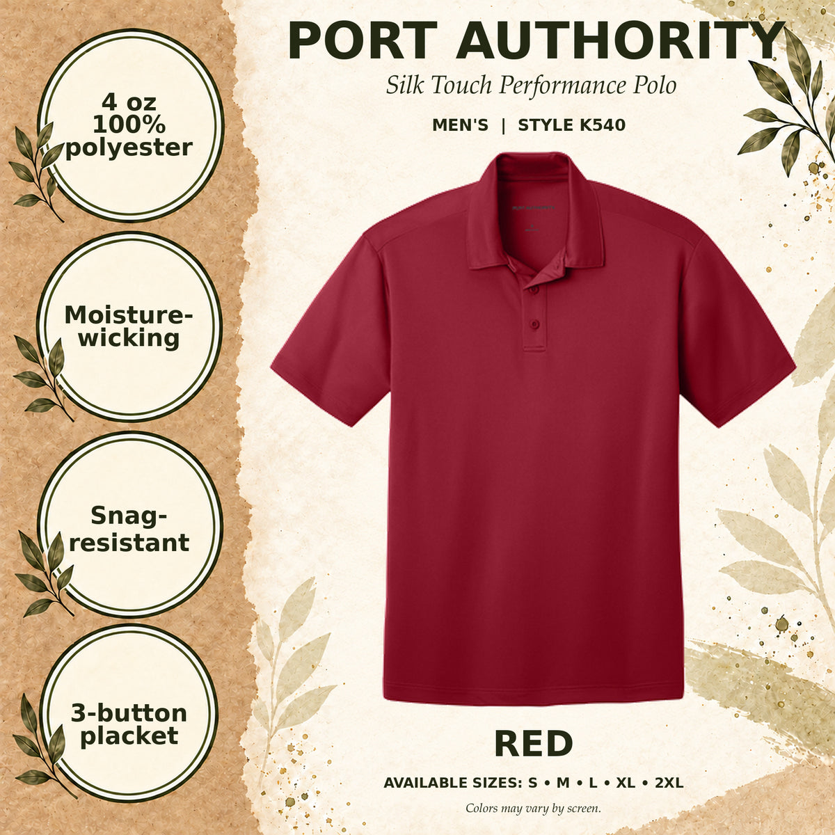 Port Authority Silk Touch Performance Men's Polo — Red, fabric and garment details