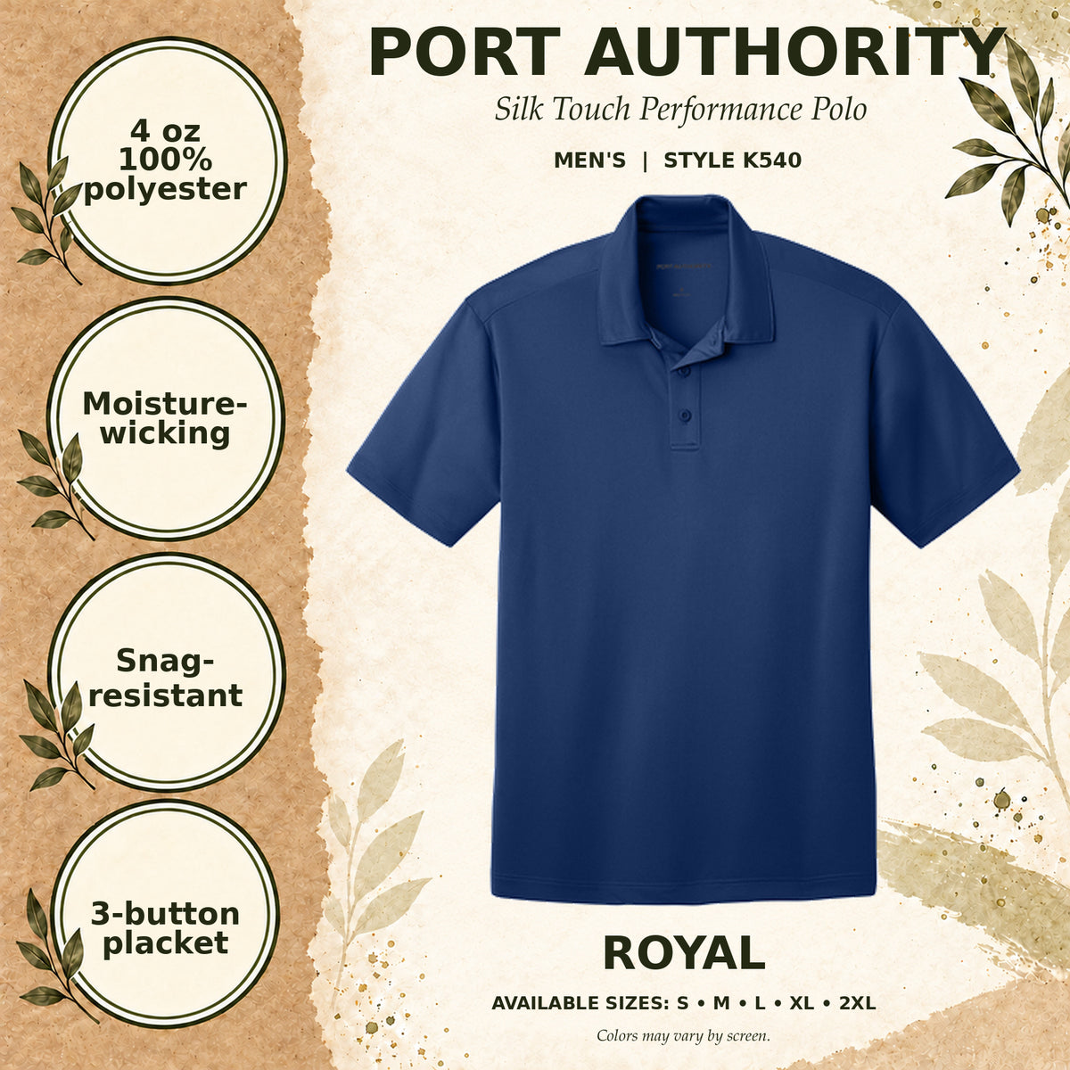 Port Authority Silk Touch Performance Men's Polo — Royal, fabric and garment details