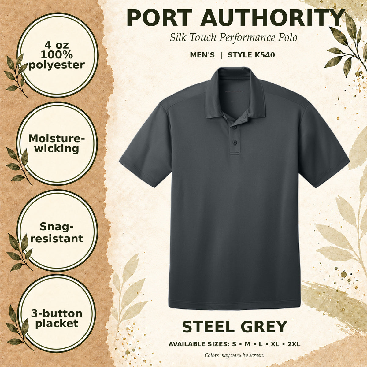 Port Authority Silk Touch Performance Men's Polo — Steel Grey, fabric and garment details
